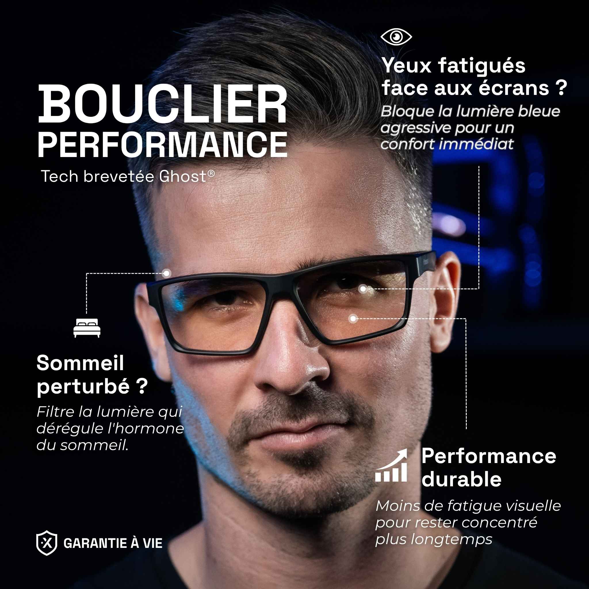 Jeune homme portant des lunettes gaming Horus X One aux verres clairs sur fond noir avec descriptif bénéfices produits (yeux reposés, sommeil amélioré, performance durable)