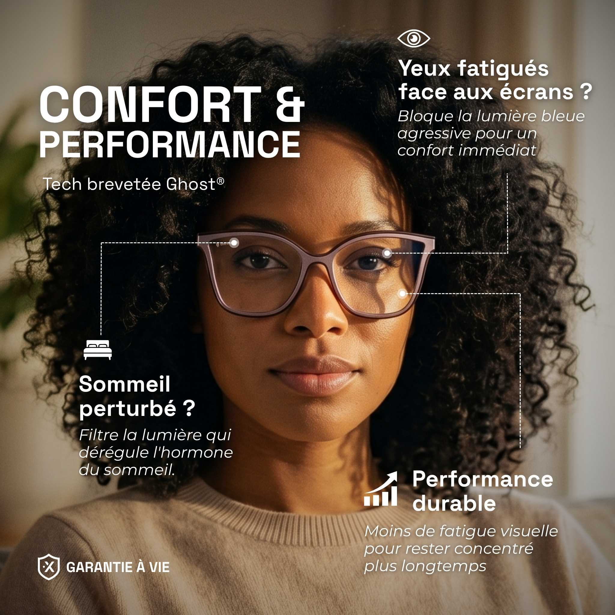 Femme aux cheveux bouclés portant les lunettes anti lumière bleue Milano sur fond doux. Bénéfices produits en texte : Confort et performance, bloque la lumière bleue agressive pour des yeux moins fatigués et un meilleur sommeil.