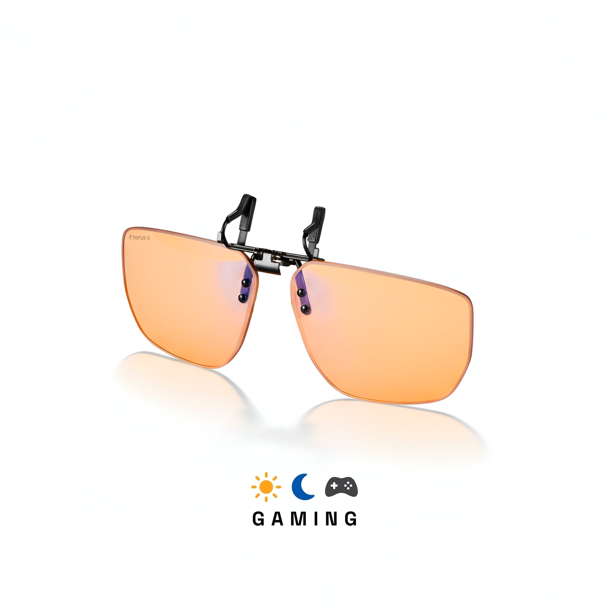 Clip on surlunette anti lumière bleue aux verres ambrés sur fond blanc