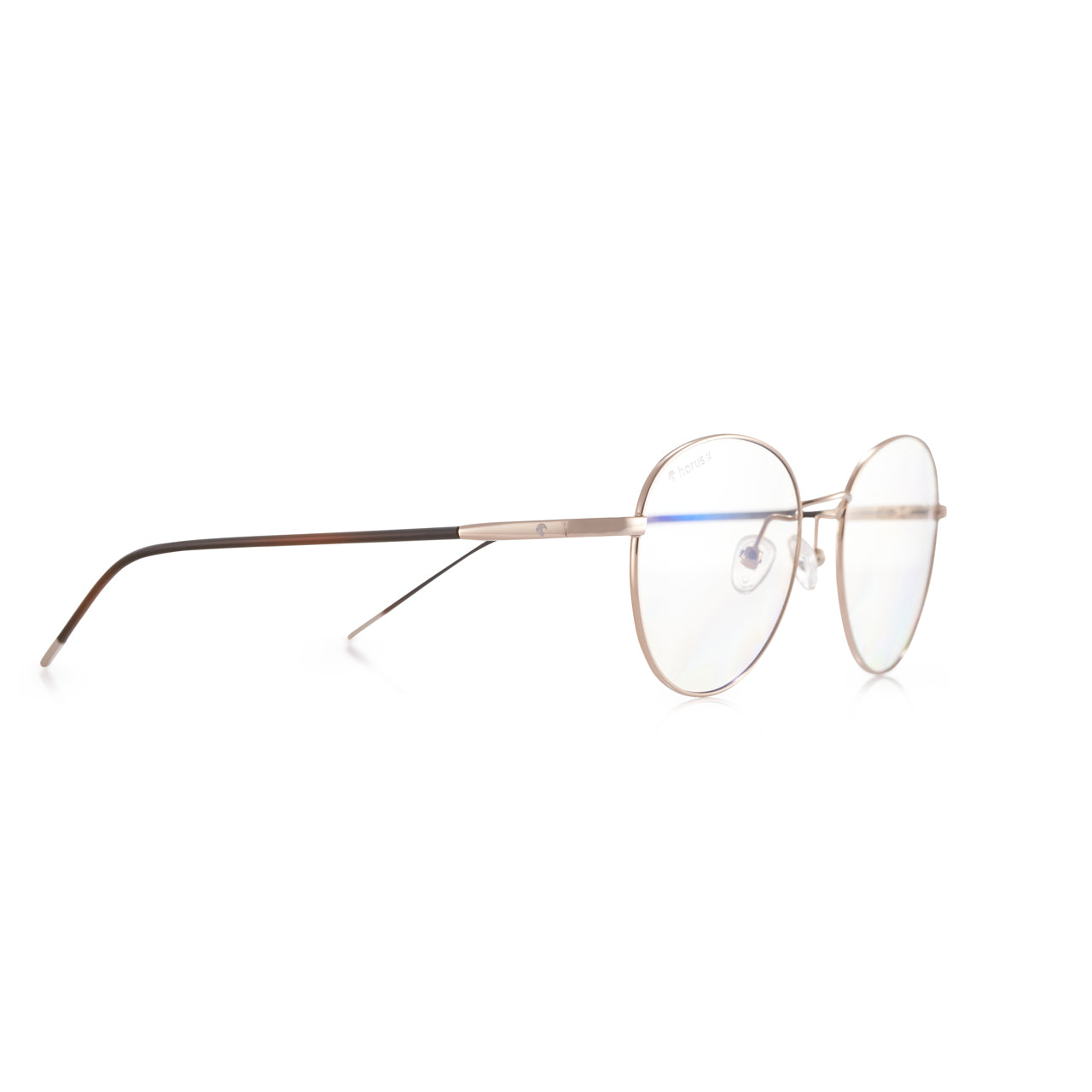 Lunettes anti lumière bleue rondes aux branches marrons, en métal doré, de profil  droit sur fond blanc.