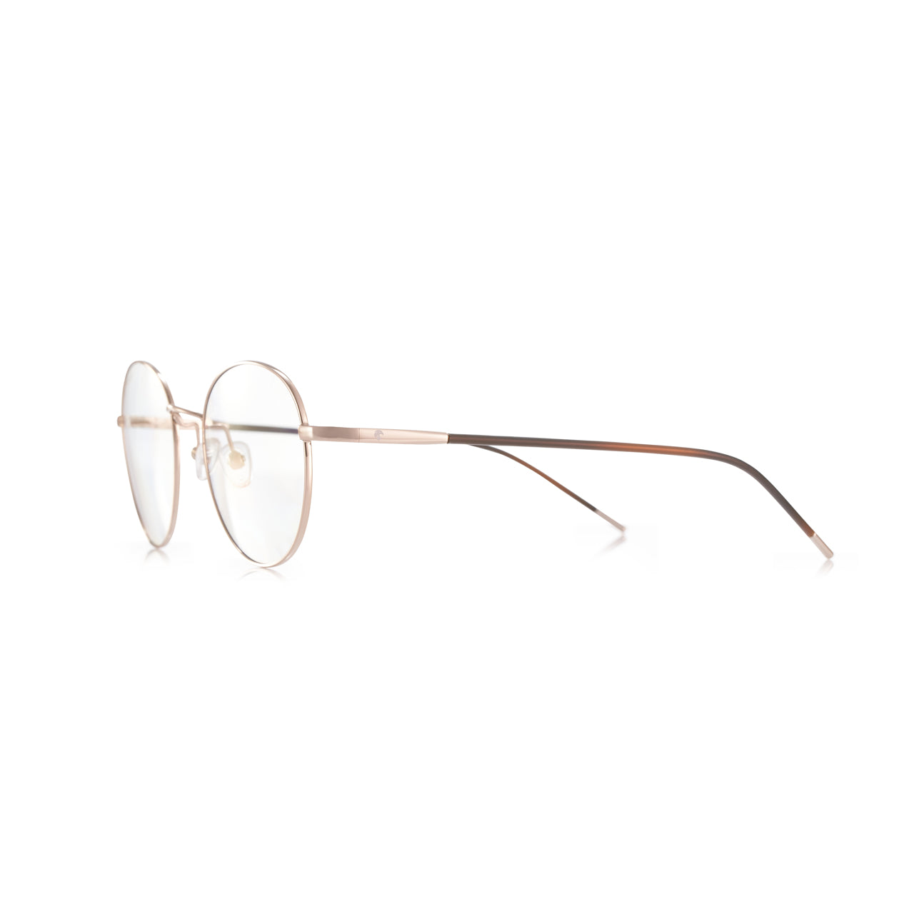 Lunettes anti lumière bleue rondes aux branches marrons, en métal doré, de profil sur fond blanc.