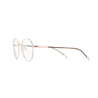 Lunettes anti lumière bleue rondes aux branches marrons, en métal doré, de profil sur fond blanc.