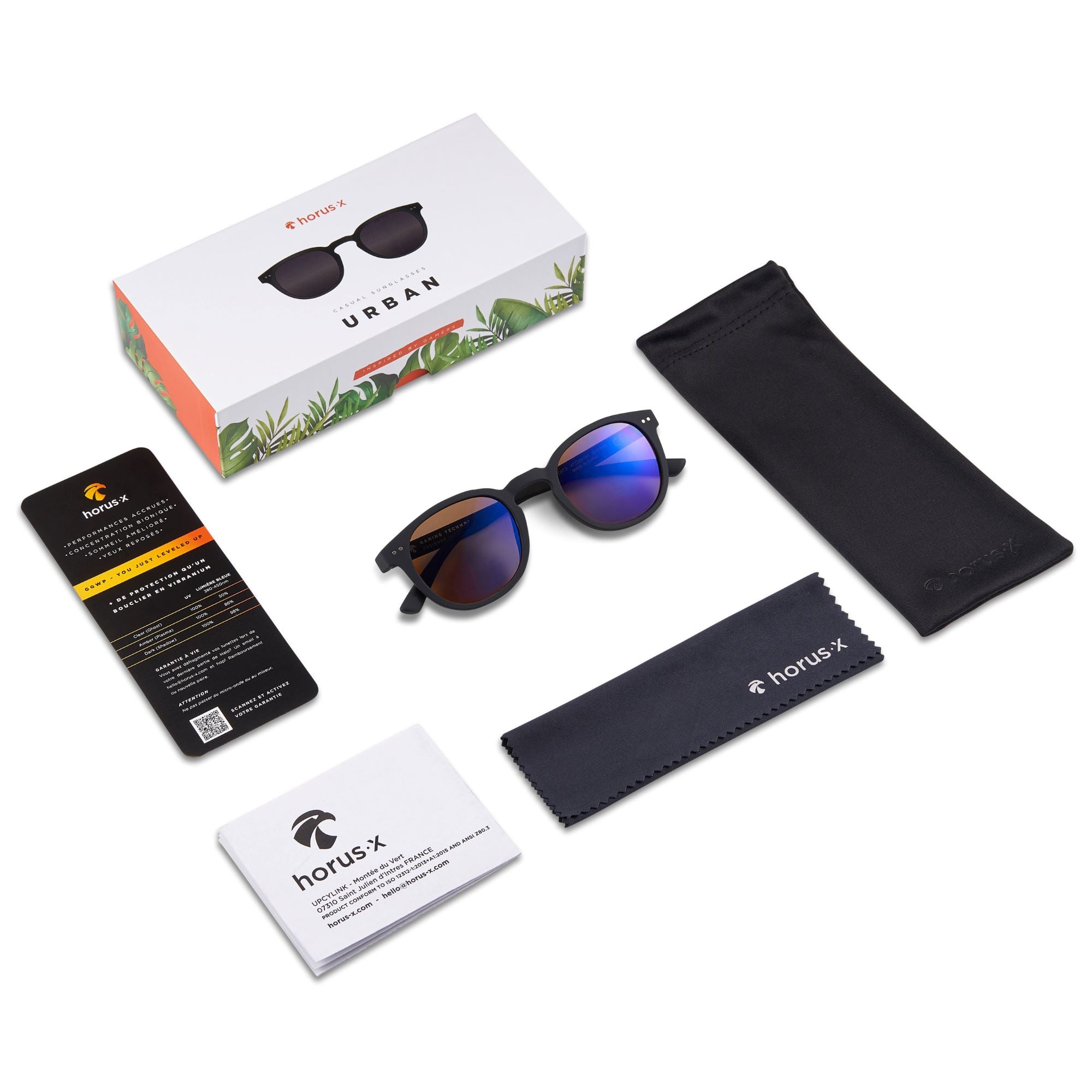 Les Urban Sun avec leur packaging (boite, microfibre, carte marketing et notice, sur fond blanc