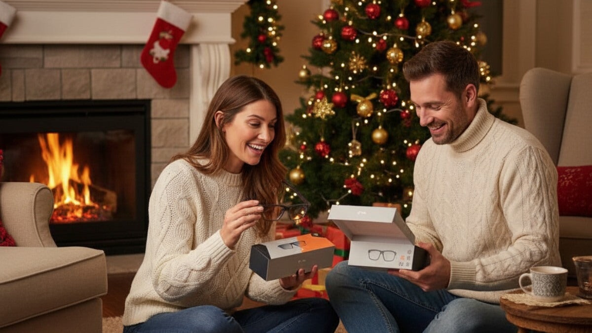 Couple caucasien échangeant des lunettes Horus X en cadeau de Noël dans un salon cosy décoré pour les fêtes.