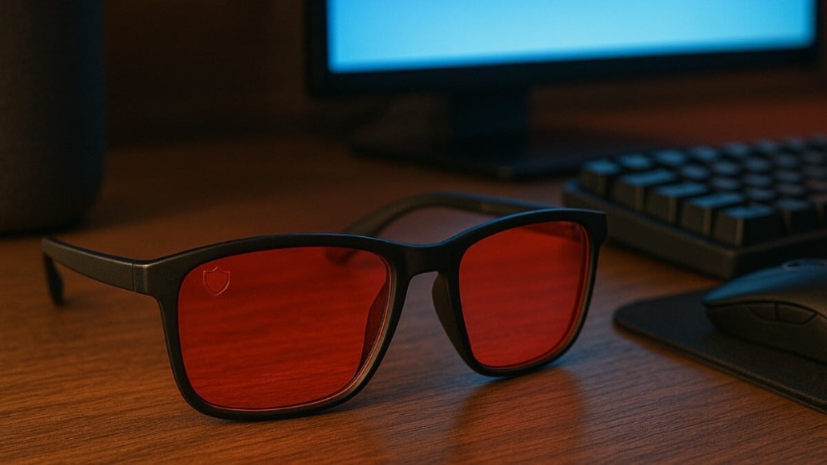 Lunettes à verres rouges posées devant un écran d’ordinateur.