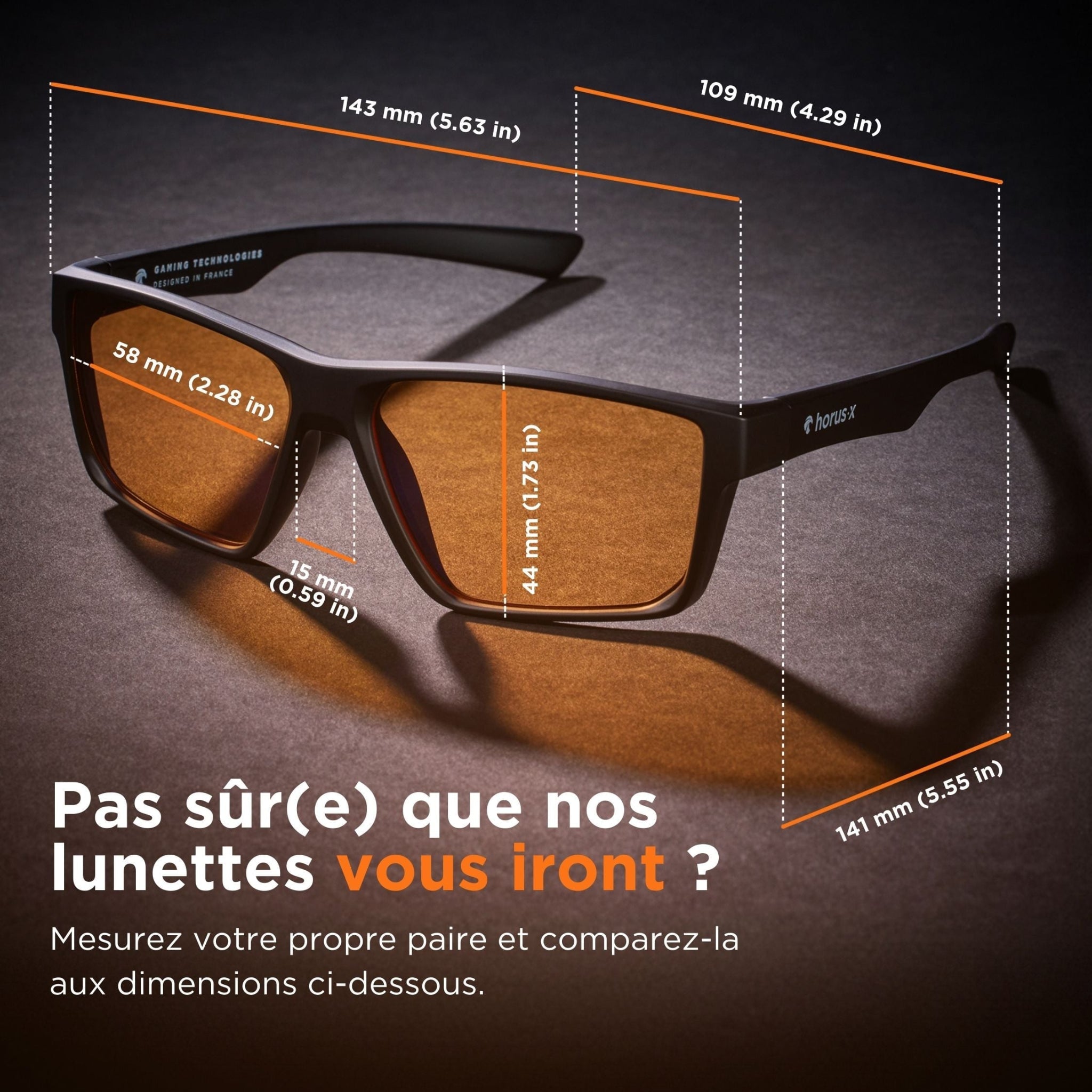 Lunettes sur fond noir avec dimensions complètes en texte blanc + astuce pour mesurer sa propre paire pour comparer les dimensions
