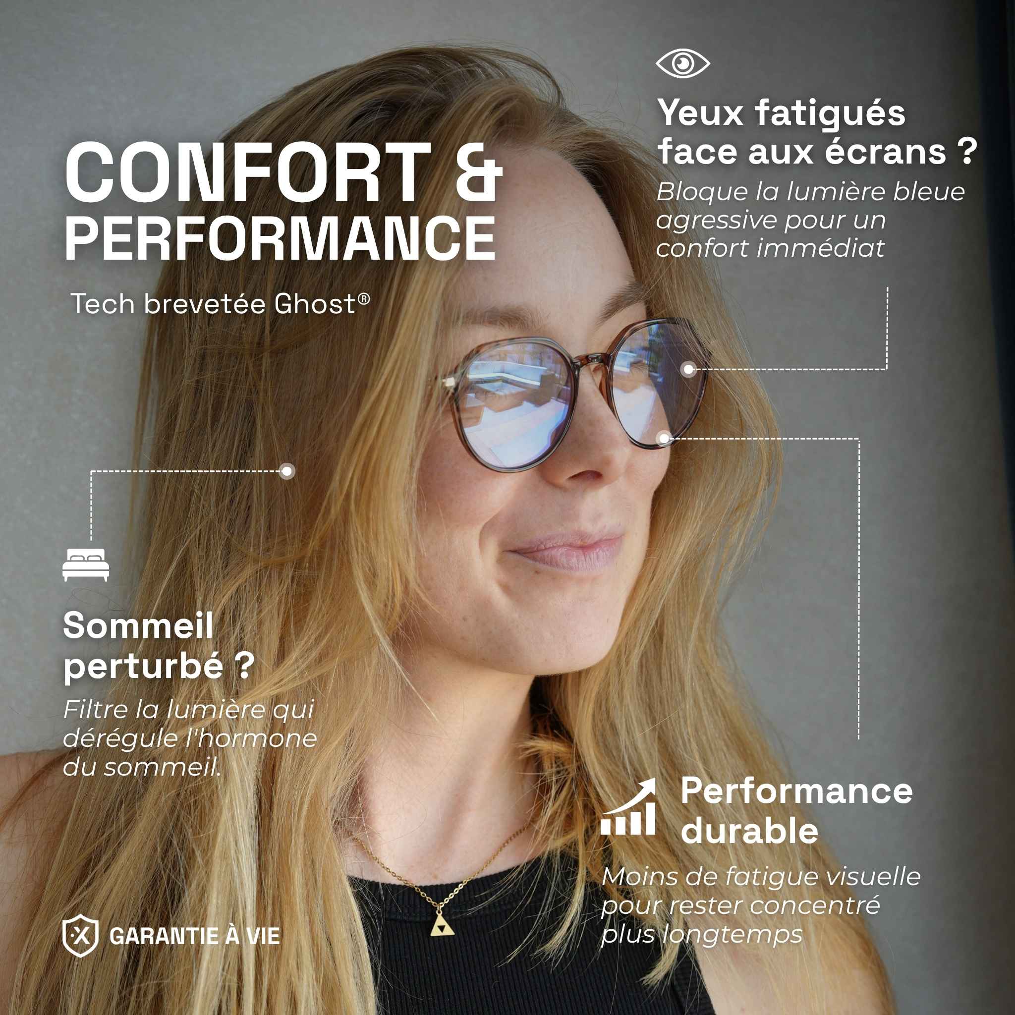 Jeune femme blonde qui porte les Sydney. Texte bénéfice sur image : Confort et performance, bloque la lumière bleue agressive pour un confort immédiat et un meilleur sommeil.  