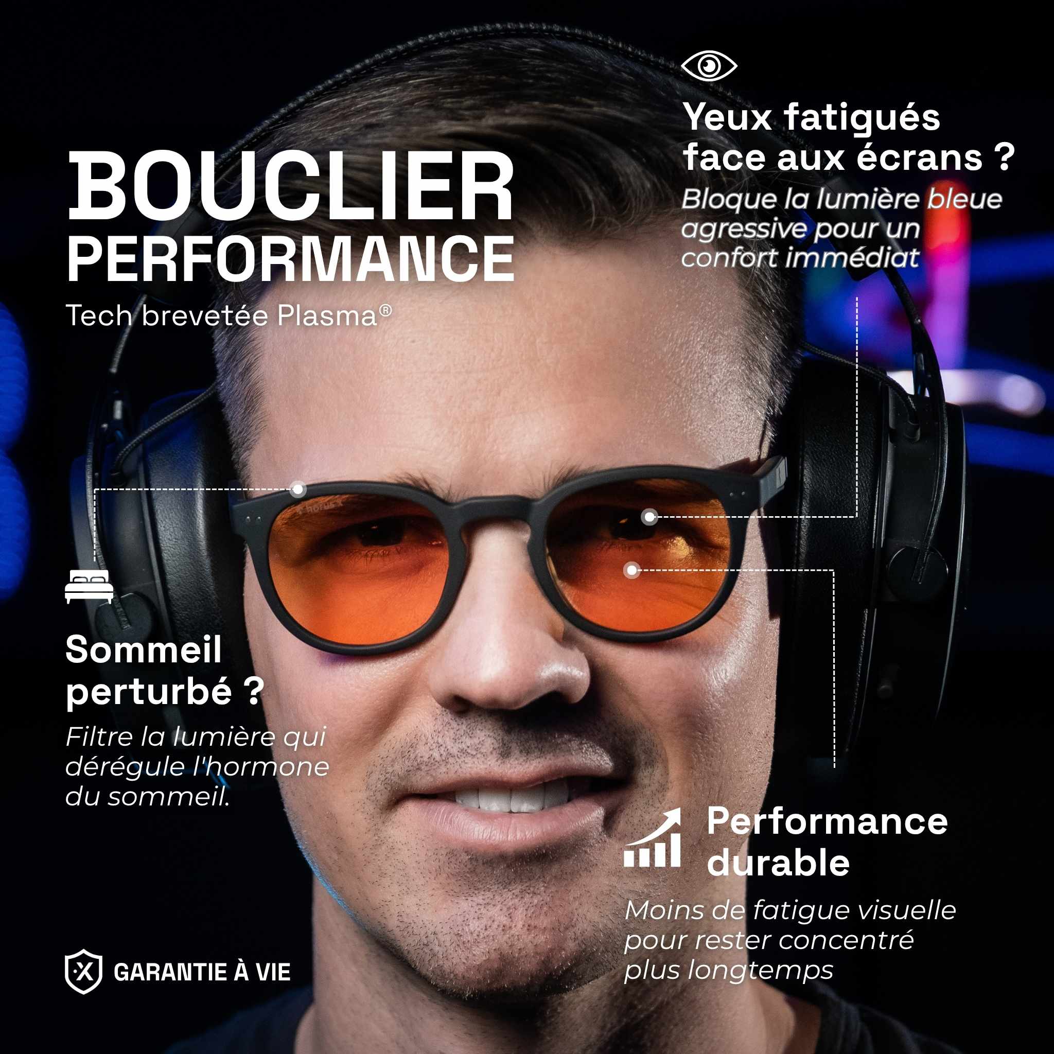 Matthieu porte les lunettes gaming Urban Revo avec verre ambrée sous un casque audio. Texte : Bouclier performance, bloque la lumière bleue pour meilleur confort et sommeil. Garantie à vie.