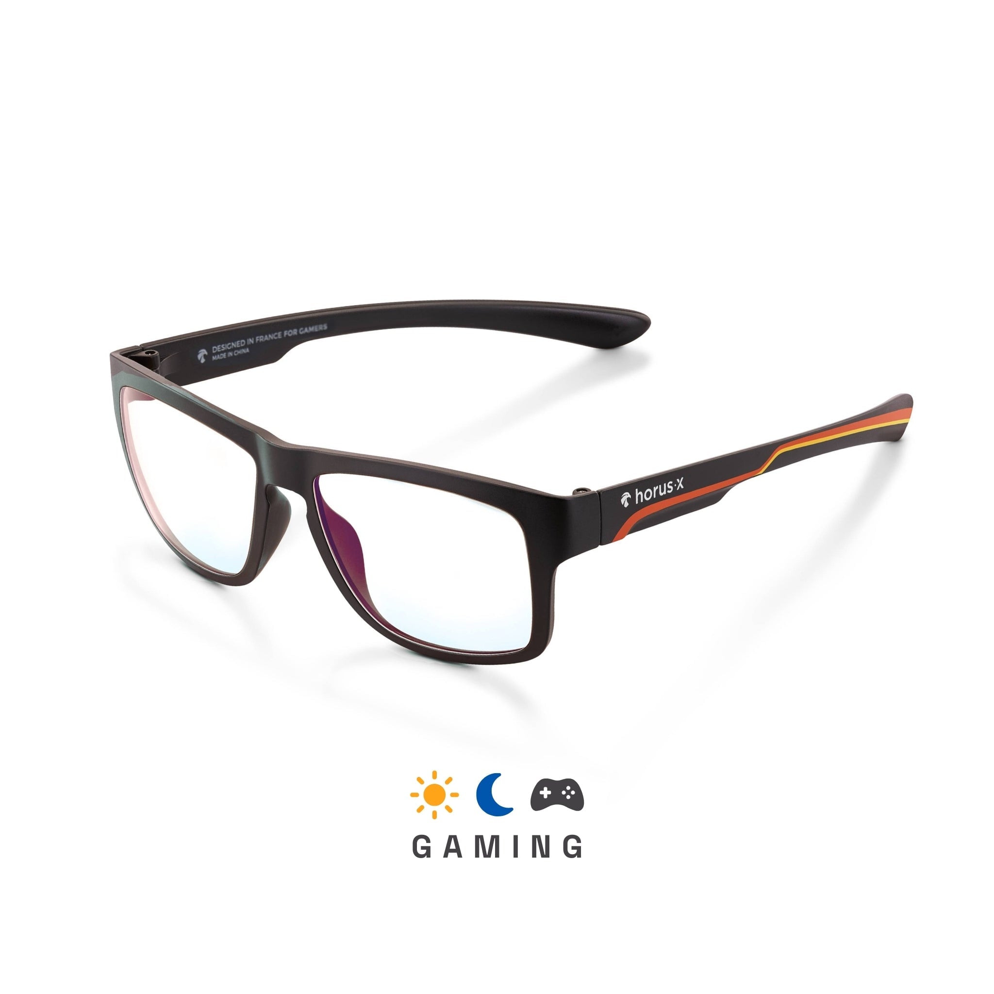 Lunettes gaming pour enfant et ados de 3/4 avec verre anti lumière bleue clair et monture polycarbonate japonais noire et orange sur fond blanc
